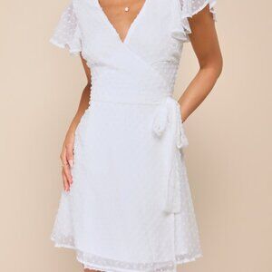 Lulus Much To Celebrate White Swiss Dot Flutter Sleeve Wrap Mini Dress - Size M